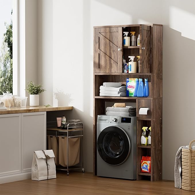 Meilocar Bathroom Storage Cabinet Over Toilet with Toilet Paper Holder Stand, Freestanding Bathroom Storage Organizer Cabinet Space Saver W/Adjustable Shelf, Walnut