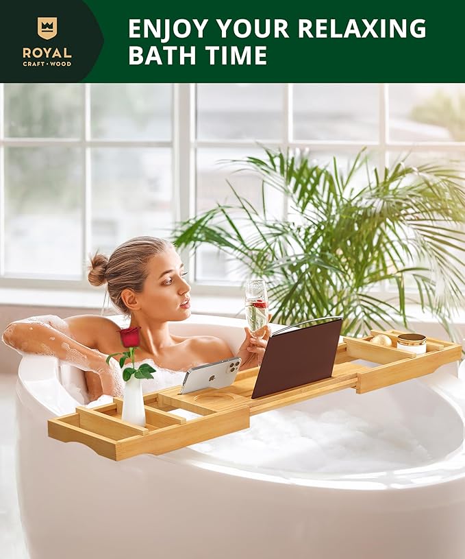 Non-Foldable Bathtub Tray Caddy for Tub, Bamboo Bath Shelf, Premium Wood Bath Table, Expandable Bathtub & Bathroom Accessories, New Home Gifts for Mom, Housewarming, Anniversary