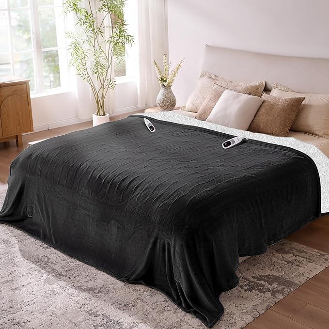 Electric Blanket King- Heated Blanket Super Soft, Dual Control & 9 Heat Settings Heating, 10 Hours Auto Off, Soft Flannel to Sherpa, Fast Heating Electric Throw, Machine Washable, 90" x 100''- Black