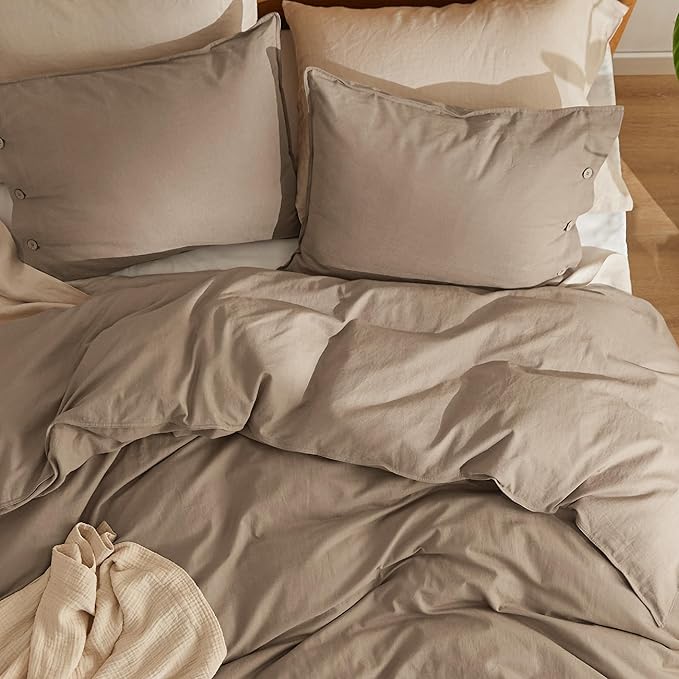 Bedsure Linen Duvet Cover Queen - Linen Cotton Blend Bedding Set, Soft & Cozy, 3 Pieces, 1 Duvet Cover 90x90 Inches and 2 Pillowcases, Brown Color Cooling Bedding, Comforter Sold Separately