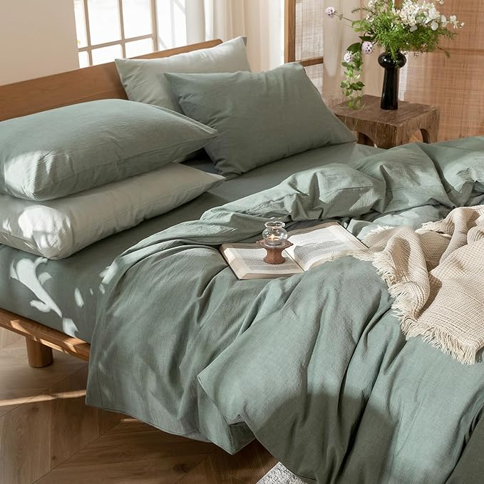 MooMee Bedding Duvet Cover Set 100% Washed Cotton Linen Like Textured Breathable Durable Soft Comfy (Heathered Green, King 104"x90")