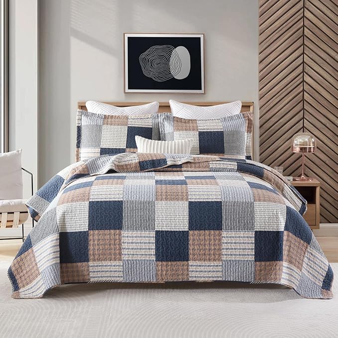 Uniclinens Plaid Quilt Set King Size, 100% Cotton Patchwork Plaid Quilt Bedding Set Bedspreads, Farmhouse Lightweight Comforter Quilted Quilt, 3 Pieces Set with 2 Pillowshams, Navy/Brown/White