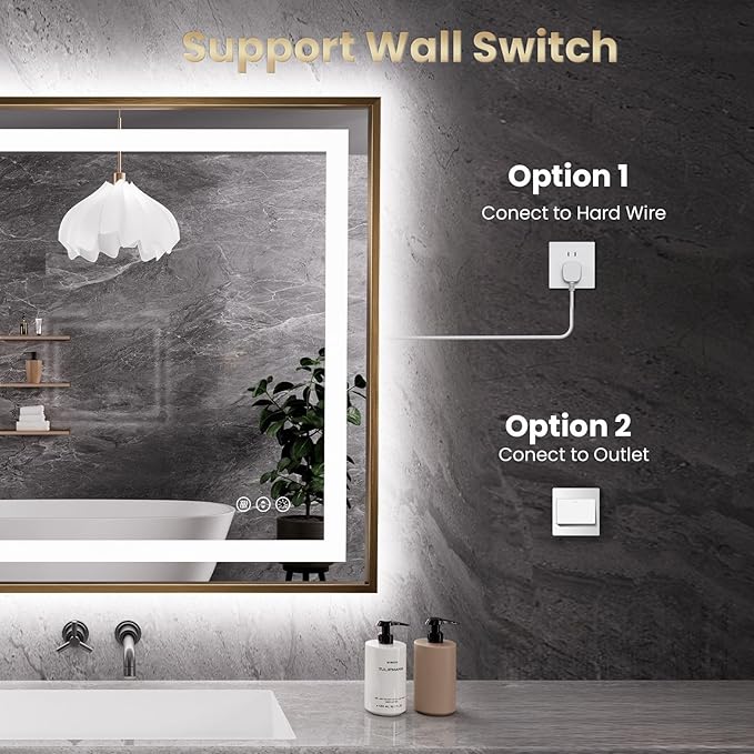 Amorho 40"X38" LED Bathroom Mirror, Golden Metal Framed Mirror with Front Light and Backlit, Stepless Dimmable, Anti-Fog, Shatter-Proof, Memory, 3 Colors