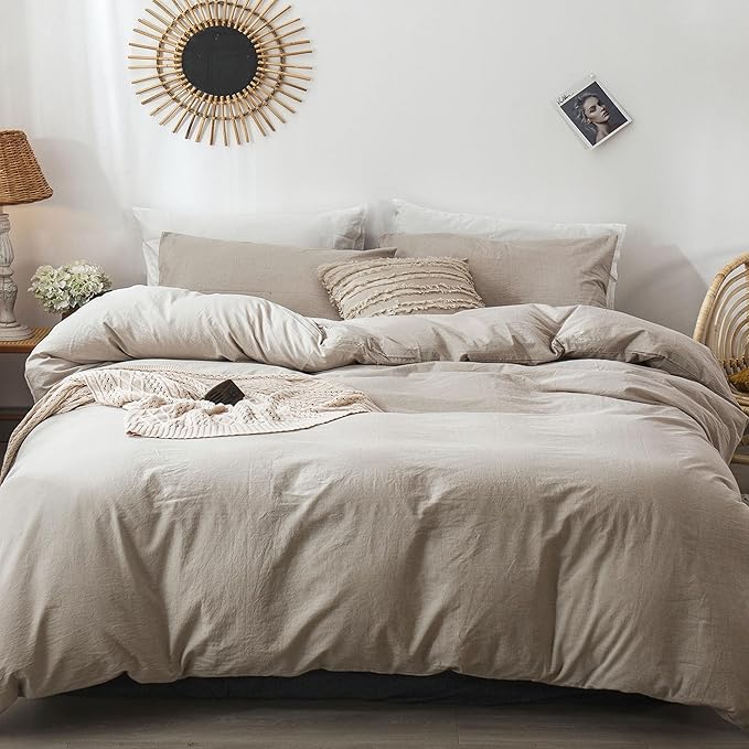 MooMee Bedding Duvet Cover Set 100% Washed Cotton Linen Like Textured Breathable Durable Soft Comfy (Heathered Tannish Linen Grey, Oversized Queen 98"x98")