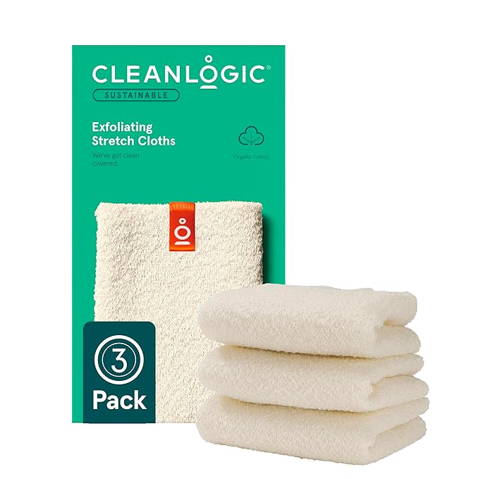 Cleanlogic Body Exfoliating Cloth, Stretchy Organic Sustainable Cotton Exfoliator Bath and Shower Washcloths, Reusable Daily Skincare Tool, 3 Count