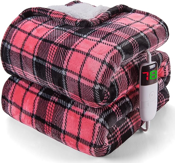 Pink Heated Blanket Electric Throw, 50X60, Heating Throw with 10 Levels & 8 Hours Auto Off, Plaid Checkered Sherpa Blanket Warmer Gifts for Women Mom Trendy Teen Girl, Home Decor for Living Room
