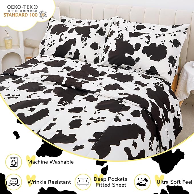 Viviland Kids Full Bedding Sets for Girls, Boys Soft Full Comforter Set with Sheets, 7 Pieces Microfiber Bed in a Bag, Cow Animal