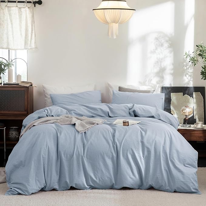 FOSSA Duvet Cover Set 100% Washed Cotton Linen Feel Super Soft Breathable Cozy 3 Pieces Bedding Sets Solid Cornflower Blue Oversized King