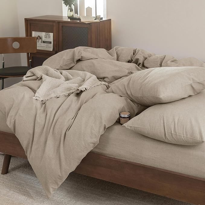 FOSSA Duvet Cover Set 100% Washed Cotton Linen Feel Super Soft Breathable Cozy 3 Pieces Bedding Sets Solid Tannish Linen Grey Super Queen