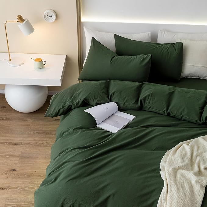 JIYUAN 100% Washed Cotton Duvet Cover Set 3 Pieces Super King, 1 Duvet Cover 108x98 Inches(Comforter Not Included) and 2 Pillowcases,Linen Feel Bedding Set Comfy and Breathable,Forest Green