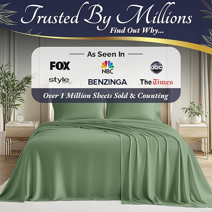 DECOLURE 100% Viscose Derived from Bamboo Sheets King Size 4pcs - Ultra Soft & Luxuriously Cooling, 17" Deep Pocket, Double Stitching, Perfect for Hot Sleepers - King Bed Sheets (Sage Green)
