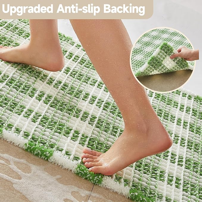 Waffle Bath Mat, Boho Bathroom Rugs Non Slip Washable Absorbent Checkered Bathroom Mat Quick Dry Cute Bath Mat, 48"x24" Green and White