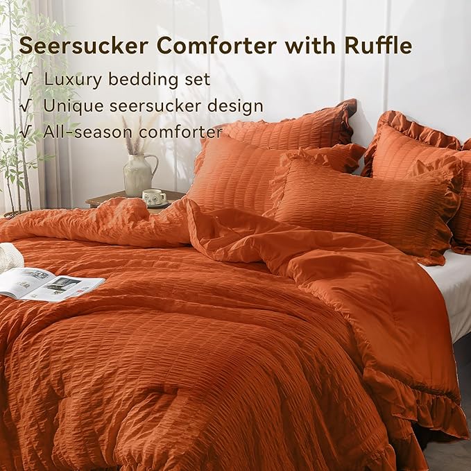 JOLLYVOGUE King Comforter Set, 3 Pieces Seersucker Comforters King Size, Lightweight & Fluffy Bedding Sets King for All Season with 1 Ruffle Comforter and 2 Ruffle Pillowshams, Burnt Orange