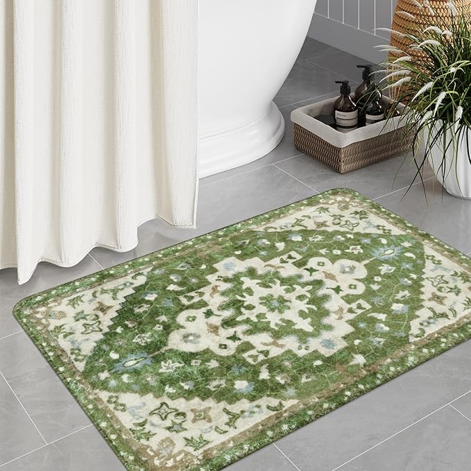 Uphome Boho Vintage Bathroom Rug Sage Green Non-Slip Soft Bathroom Mat Oriental Tribal Machine Washable Bath Rugs Traditional Floral Aesthetic Floor Mats for Shower Sink Tub, 20x31 inch
