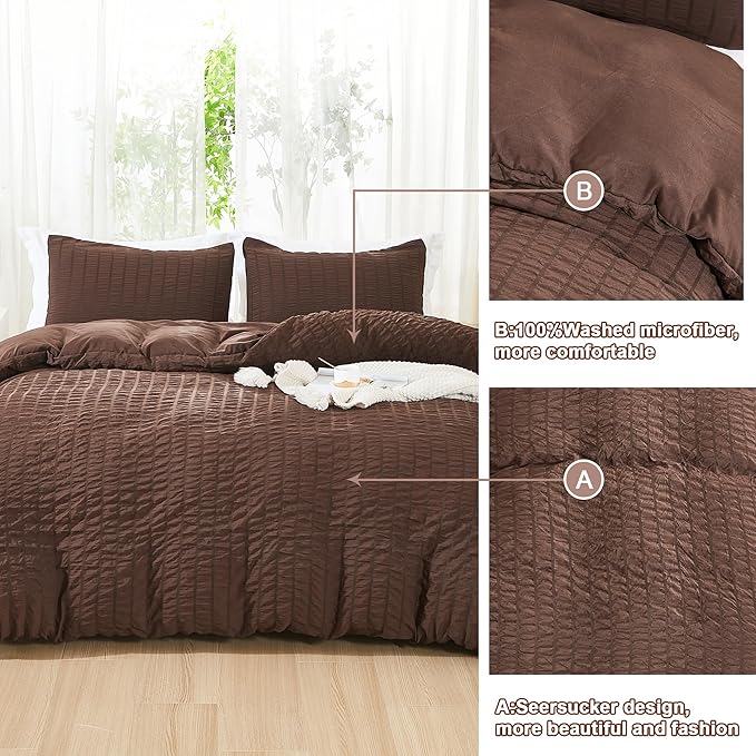 AveLom Brown Duvet Cover King(104 x 90 inches), 3 Pieces (1 Duvet Cover, 2 Pillow Cases), Seersucker Striped Soft Washed Microfiber Textured Duvet Cover Set with Zipper Closure, Corner Ties