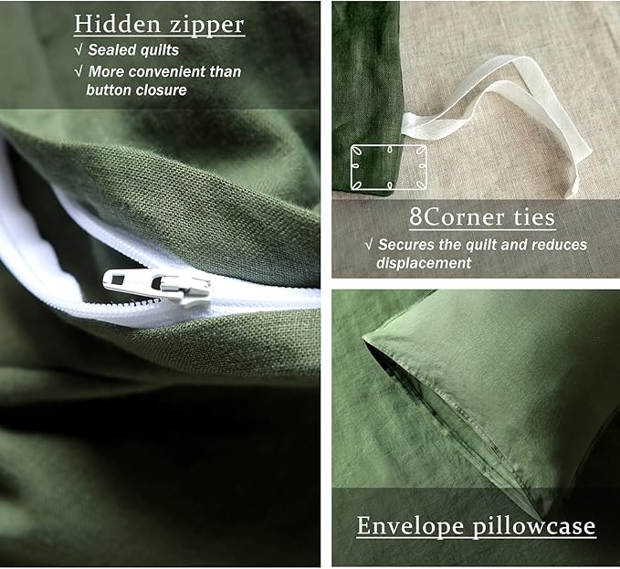 XZ XIFA Green Linen Duvet Cover Full, 100% Washed French Flax Linen Bedding Set with Zipper Closure, Cooling & Textured Bed Sets for Hot Sleepers(1 Duvet Cover, 2 Pillowcases)