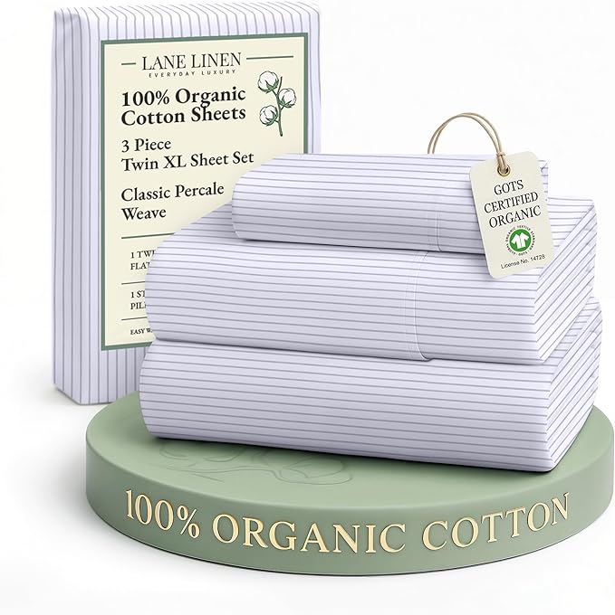 LANE LINEN 100% Organic Cotton Twin XL Sheets Set 3-Piece Pure Percale Bedsheets Bedding Breathable Fits Mattress Upto 15" Deep - Blue Ticking Stripe