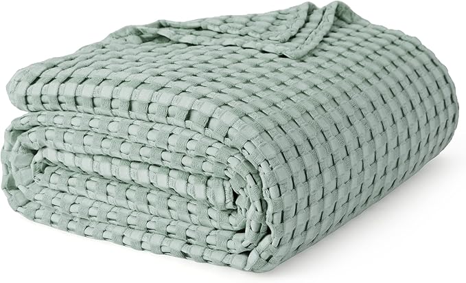 Bedsure Cooling Cotton Waffle Full Size Blanket - Lightweight Breathable Blanket of Rayon Derived from Bamboo for Hot Sleepers, Luxury Throws for Bed, Couch and Sofa, Mint Green, 80x90 Inches