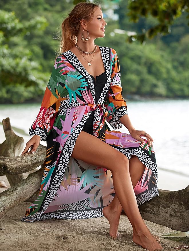 Women Casual Open Front Lightweight Cardigan Long Beach Kimono Cover Up