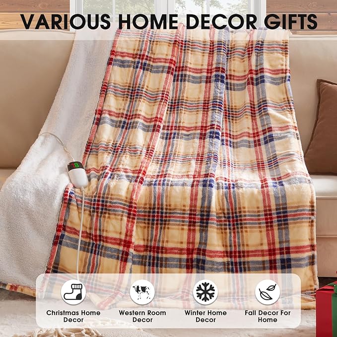 OCTROT Heated Blanket Electric, Twin Size 62X84, Heating Blanket with 10 Heating Levels & 8 Hours Auto Off, Checkered Plaid Sherpa Blankets Warmer for Adults, Fast Heating and Washable, in Brown