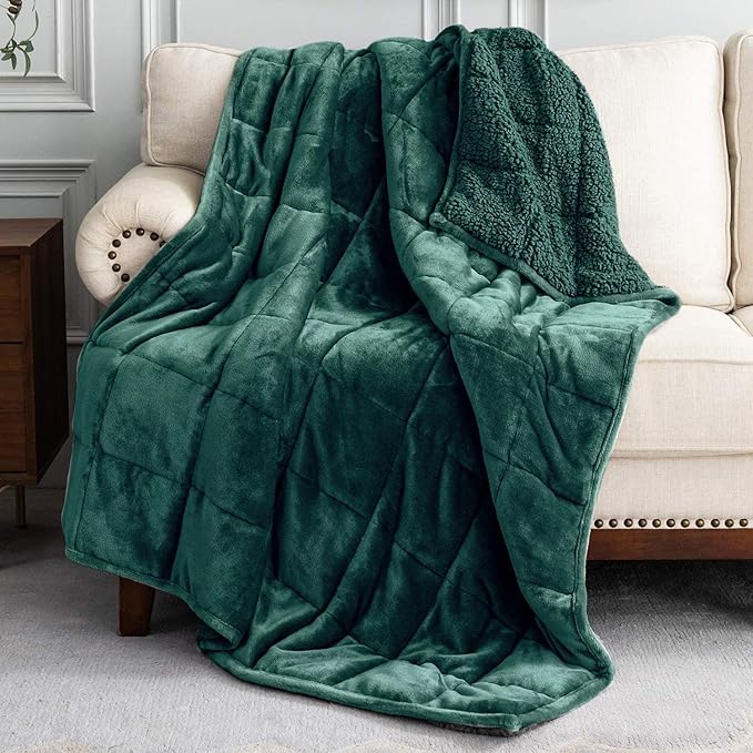 Uttermara Weighted Blanket for Adults, Queen Size Heavy Blanket with Reversible Soft Shiny Velour Fleece and Cozy Warm Sherpa for Couch Bed, Calming and Relaxing, 60 x 80 inches 15 lbs, Green