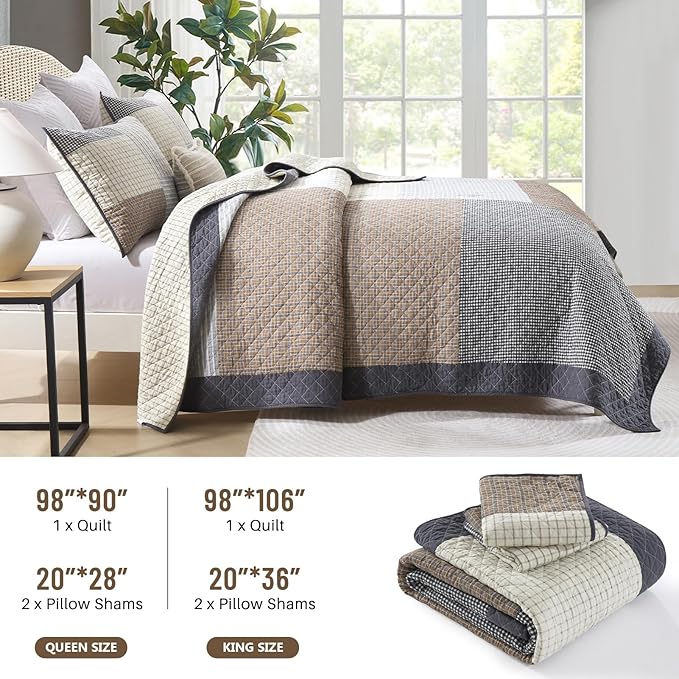 Real-Patchwork Plaid Queen Quilt - 100% Cotton Farmhouse Beige Brown Gray Queen Size Quilts Bedspread, Lightweight Reversible Quilted Coverlet Bedding Set for All Season, 3-Piece(98"x90")