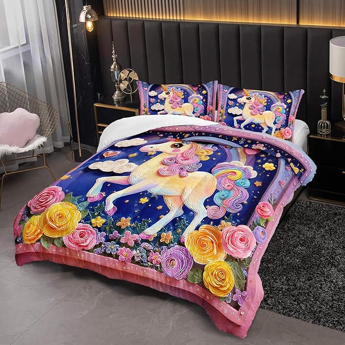 Pink Purple Rainbow Unicorn Flower Comforter Set Full for Kids Girls，Girls Unicorn and Rainbows Bedding Sets Full，with 1 Comforter with 2 Pillow Case，Unicorn Bedroom Decor and Bedding Set