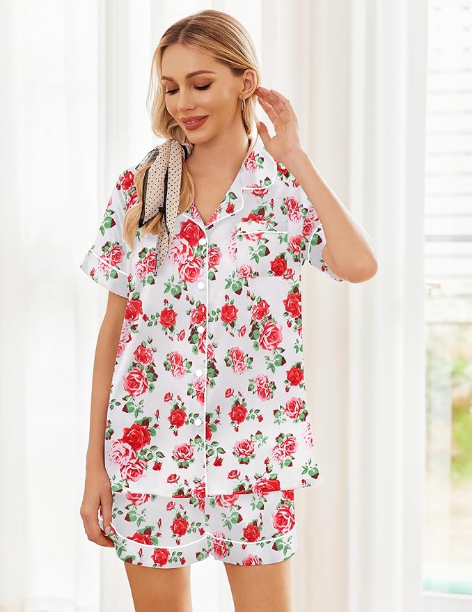 Ekouaer Pajamas for Women Set Silk Satin Pjs Shorts Sleepwear 2 Piece Loungewear S-XXL