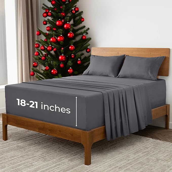Mellanni Extra Deep Split King Sheets - 5 PC Iconic Collection Bedding - Hotel Luxury, Ultra Soft, Cooling Bed Sheets - Wrinkle, Fade, Stain Resistant (Split King, Gray)