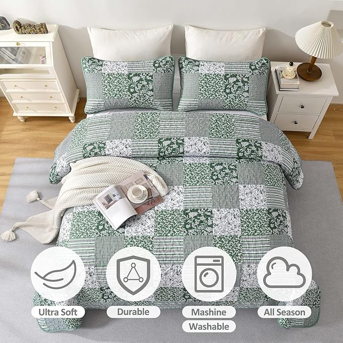 Mybedsoul Green Quilt Set Twin Size, 2 Pieces Plaid Floral Bedspread Set Patchwork Reversible Bedding Set Microfiber Lightweight Bedspread Coverlet Set for All Season 68"x86"