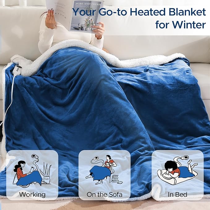 Electric Heated Blanket Throw 50"x60" - Soft Cozy Flannel & Sherpa Fabric Dual-Sided, 9 Heat Settings & 2-10 Hours Auto Off, Warming Heated Throw for Home Office, Machine Washable, Blue