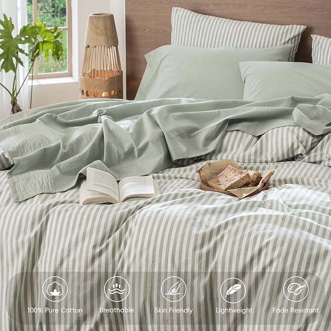 MooMee Bedding Sheet Set 100% Washed Cotton Linen Like Textured Breathable Durable Soft Comfy (Heathered Sage Green, King)