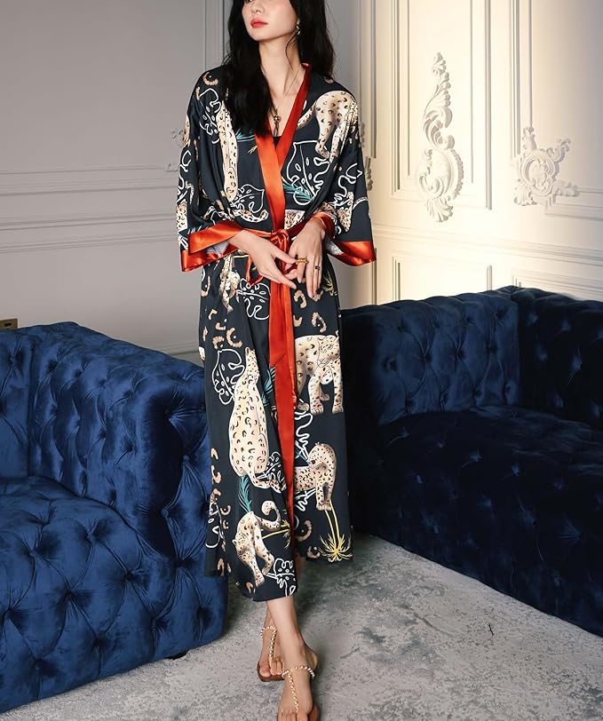 Silk Satin Robe for Women Long Japanese Kimono Robe Lightweight Soft Bathrobe Floral Luxury Dressing Gown