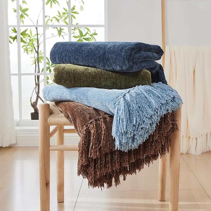 CozeCube Chenille Throw Blanket for Couch, Cozy Plush Fuzzy Decorative Navy Blue Blanket with Fringe Tassels, Lightweight Throws for Bed Sofa Gift Home Decor, 50"X60"
