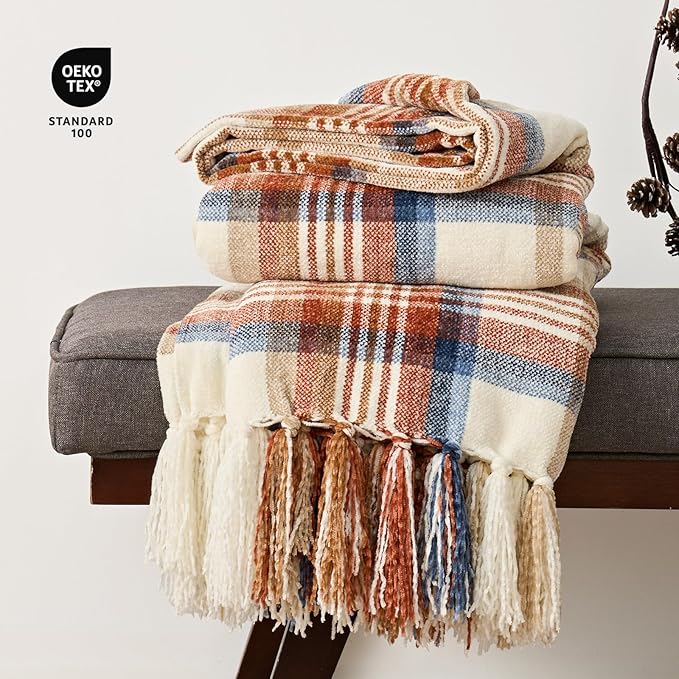 EVERGRACE Plaid Chenille Throw Blanket for Couch, Super Soft Cozy Decorative Fall Throw with Tassels for Bed Sofa Farmhouse Decor, Lightweight Harvest Plaid Throw for Autumn, 50"x60"
