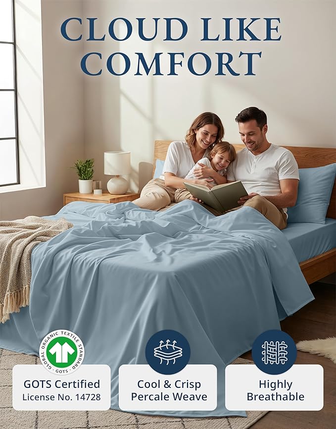 LANE LINEN 100% Organic Cotton Twin Bed Sheet Set, Mercerized Fully Elasticized Eco Friendly Sustainably Produced Bedding Sheets & Pillowcase Set, 15" Deep Pocket Twin Sheets - French Blue