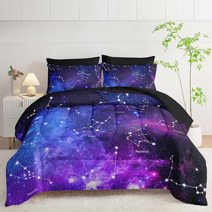 7pc Space Comforter Set - Galaxy Bedding, Starry Night Bed in a Bag, Includes Sheets, Soft Microfiber, All Season, Queen Size