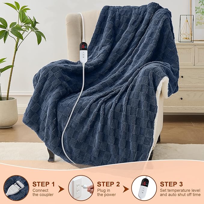 Electric Heated Blanket Full Size - Jacquard Checkered Sherpa 72"x84" Fast Heating Bed Blankets with 6 Heating Levels & 10 Hours Auto Off, Over-Heat Protection ETL, Navy Blue