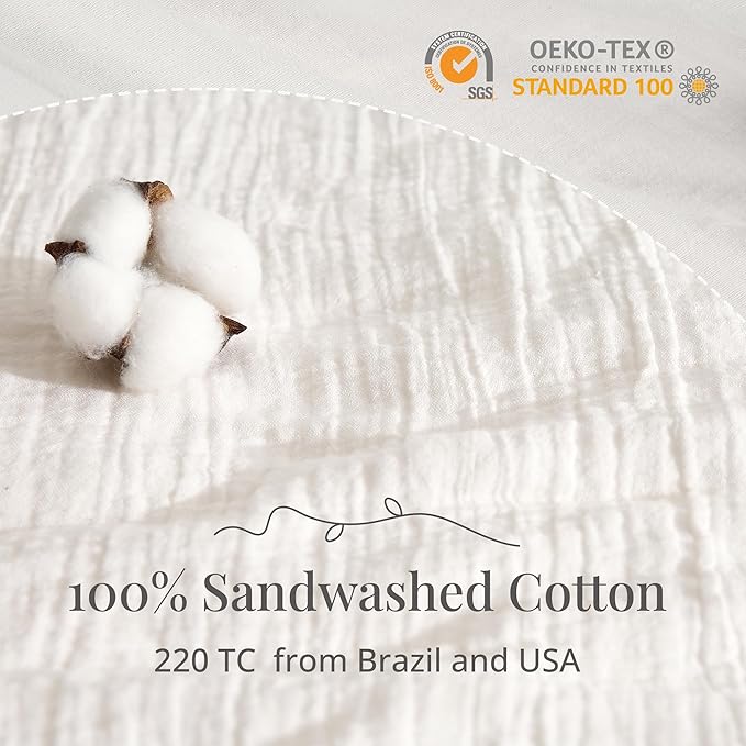 White Duvet Cover King, 100% Sandwashed Cotton Soft King Size Duvet Cover Set 3 Pieces with Zipper Clousre & Corner Buttons (White, King 104 x 90)