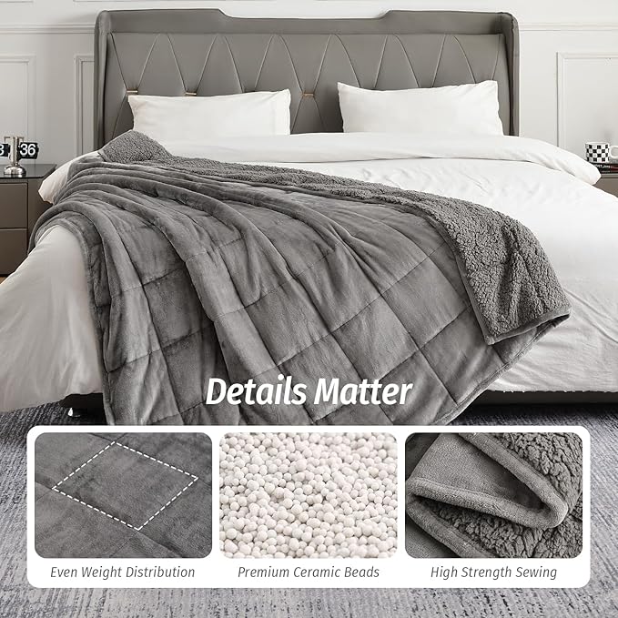 Wemore Sherpa Fleece Weighted Blanket for Adult, 12 lbs Dual Sided Cozy Fluffy Heavy Blanket, Ultra Fuzzy Throw Blanket with Soft Plush Flannel Top, 48 x 72 inches, Grey on Both Sides