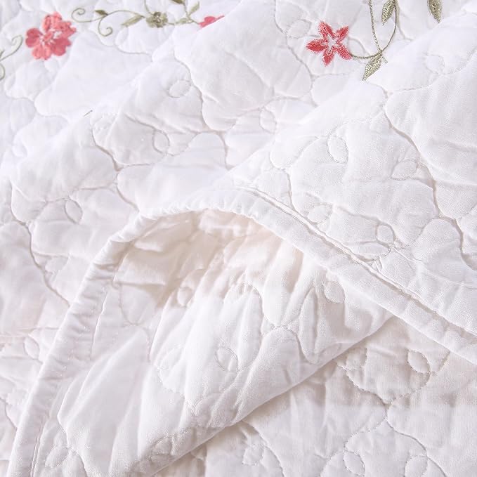 Quilt Set Circular Floral 3D Embroidery Pattern 3 PCS 100% Cotton Reversible Quilted Embroidered Decorative Bedspreads Coverlet Set, Lightweight &Soft King Size White Bedding Coverlet for All Season