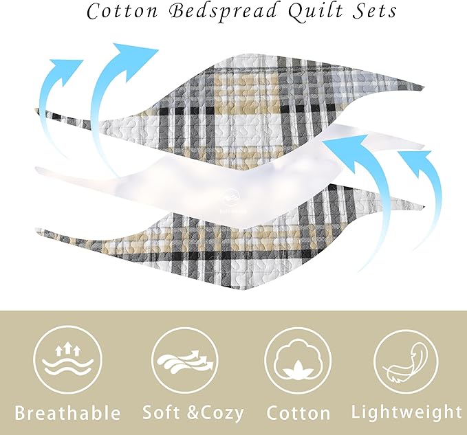 Quilts Queen Size, Cotton Queen Size Comforter Set, Brown Black Grey White Striped Bedding Sets, Plaid Queen Bedspread,Striped Bed Set Lightweight Reversible All Season 3 Piece