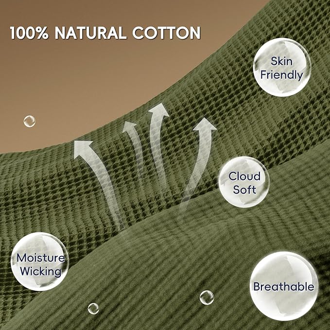 PHF 100% Cotton Waffle & Muslin Blanket King Size, Soft Breathable Luxury 400GSM Versatile Reversible Bedding for Bed, Great for Layering in Cold Weather, Home Decor Gift, 104" x 90", Olive Green