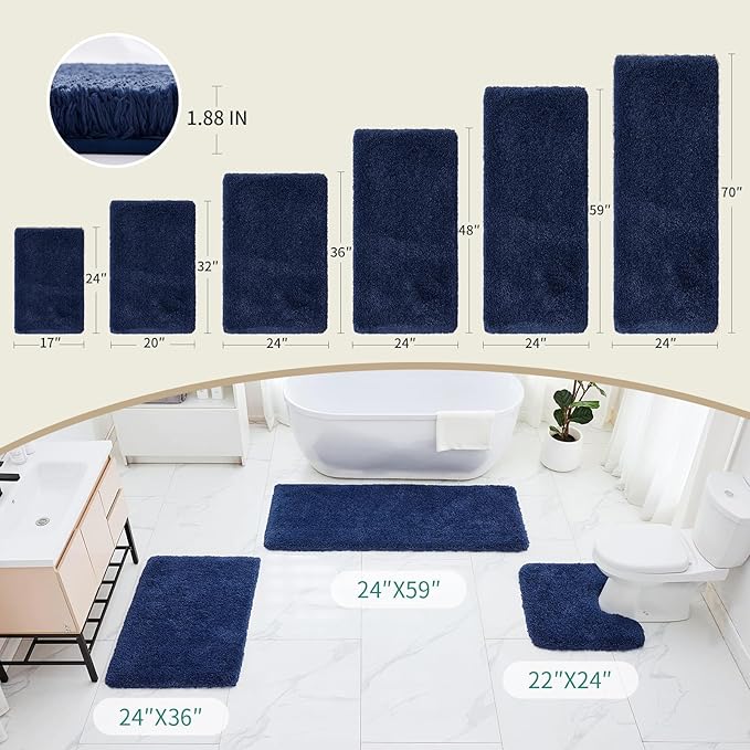 Navy Bathroom Rug 20x32 Non Slip Fluffy Bath Mat for Bathroom Floor Washable Plush Luxury Bath Rug for Tub Soft Shaggy Absorbent Shower Sink Mat