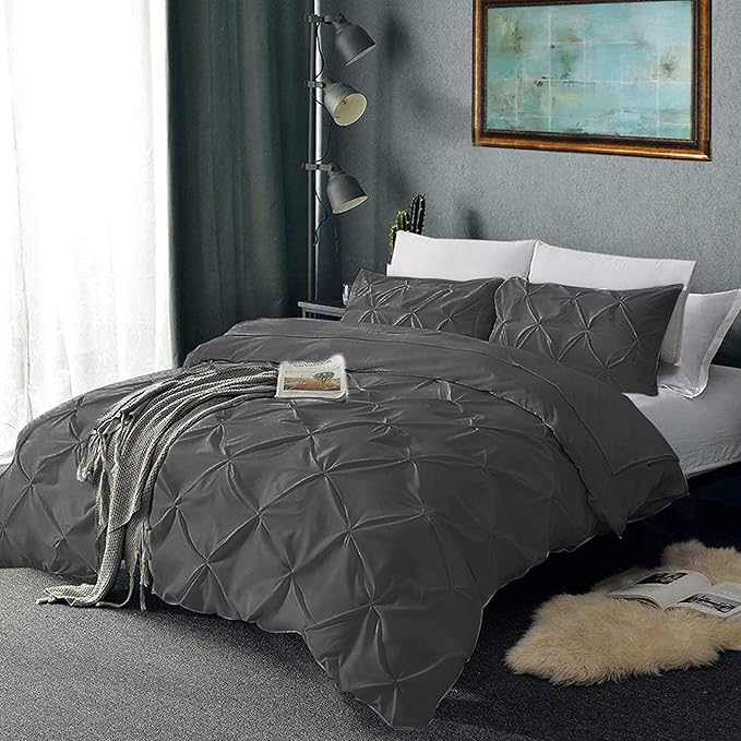 Pinch Pleated Duvet Cover Set 100% Brushed Microfiber 3PC Super King Size 98x108 Duvet Cover Set, Decorative Pinch Design Dark Grey Duvet Cover with Matching Pillow Case