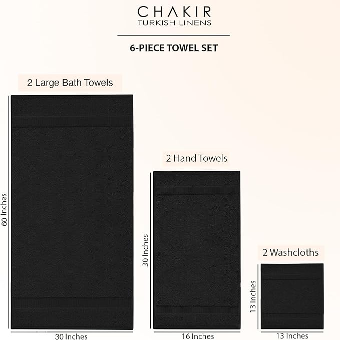 Chakir Turkish Linens 100% Cotton Premium Turkish Towels for Bathroom, 2 Large Bath Towels, 2 Hand Towels, 2 Washcloths (6-Piece Towel Set, Black)
