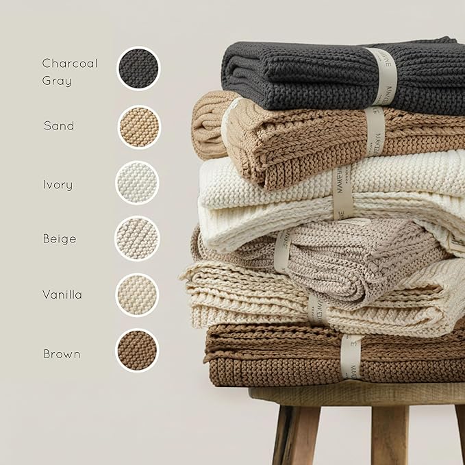 MakeMake Organics Organic Cotton Throw Blanket GOTS Certified Organic Knit Blanket Couch Bed Neutral Fall Colors Soft Cotton Throw Blanket Large (50x60, Sand)