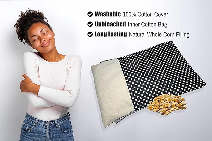 Microwavable Corn Filled Heating Pad and Cold Pack/Washable 100% Cotton Cover (Polka Dot - Black, 7.5in W x 11in L)