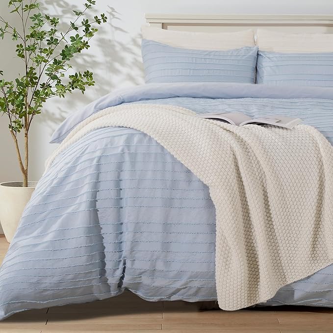 NEXHOME PRO Twin Duvet Cover, Blue 2 Pieces Boho Tufted Twin Size Duvet Cover Set, Soft and Lightweight Microfiber Comforter Cover Set for All Season (Blue, 66 x 90)-No Comforter