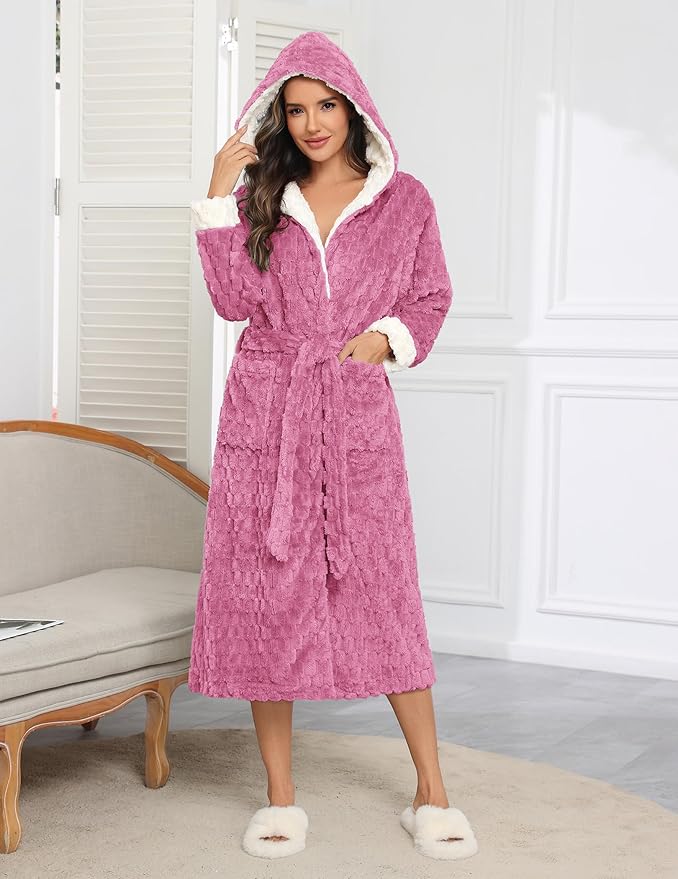 Ekouaer Womens Plush Robes Long Soft Jacquard Fluffy Bathrobe Hooded Robe Sleepwear with Pockets